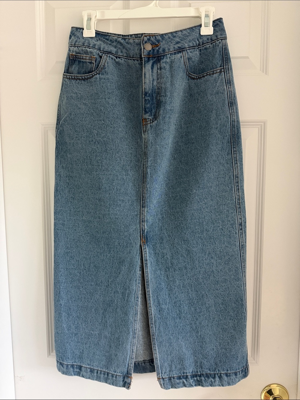 Velvet Heart Light Blue Denim Midi Skirt with Front Slit